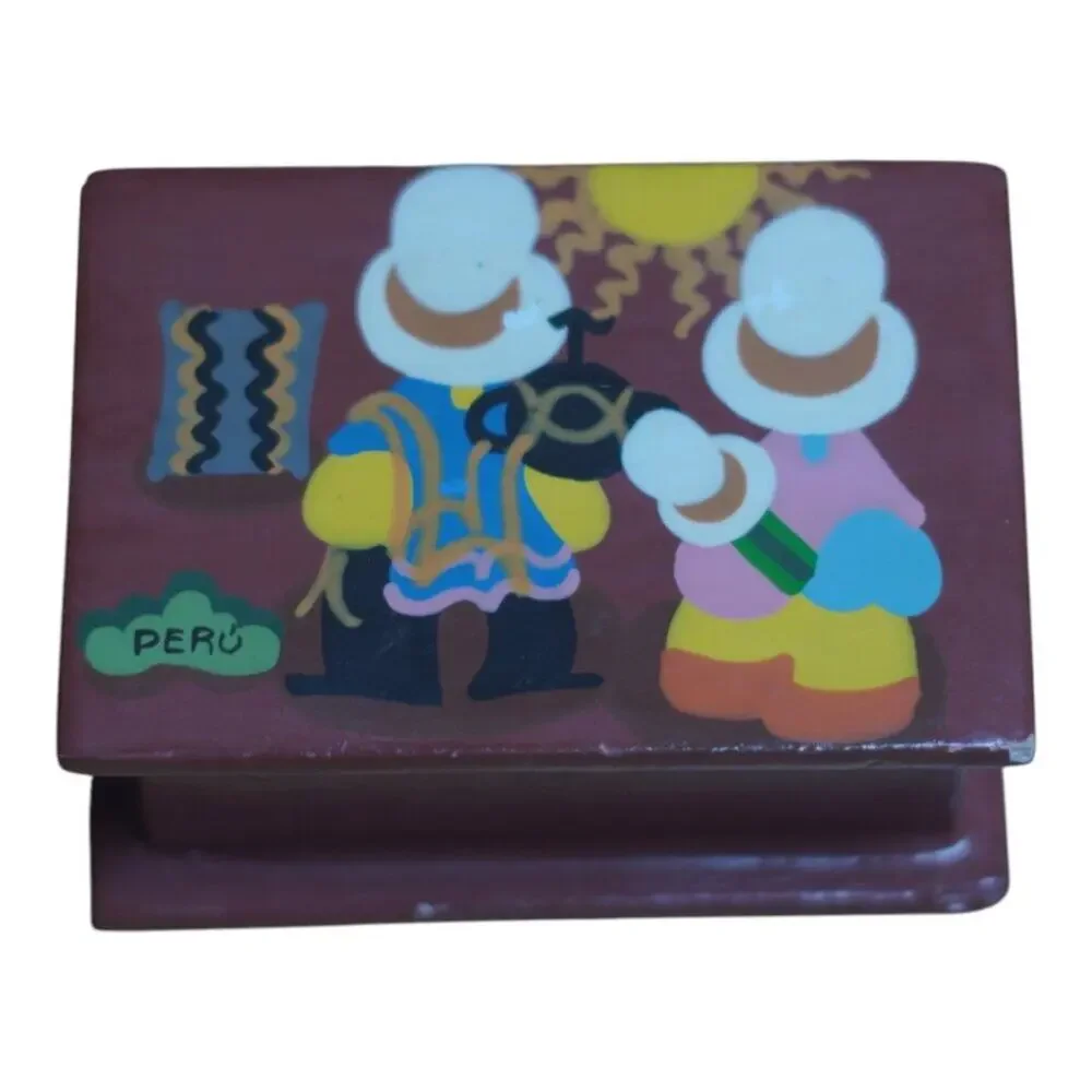 Handpainted Wooden Trinket Box | Folk Art | Marked Peru Folk Art Collectible